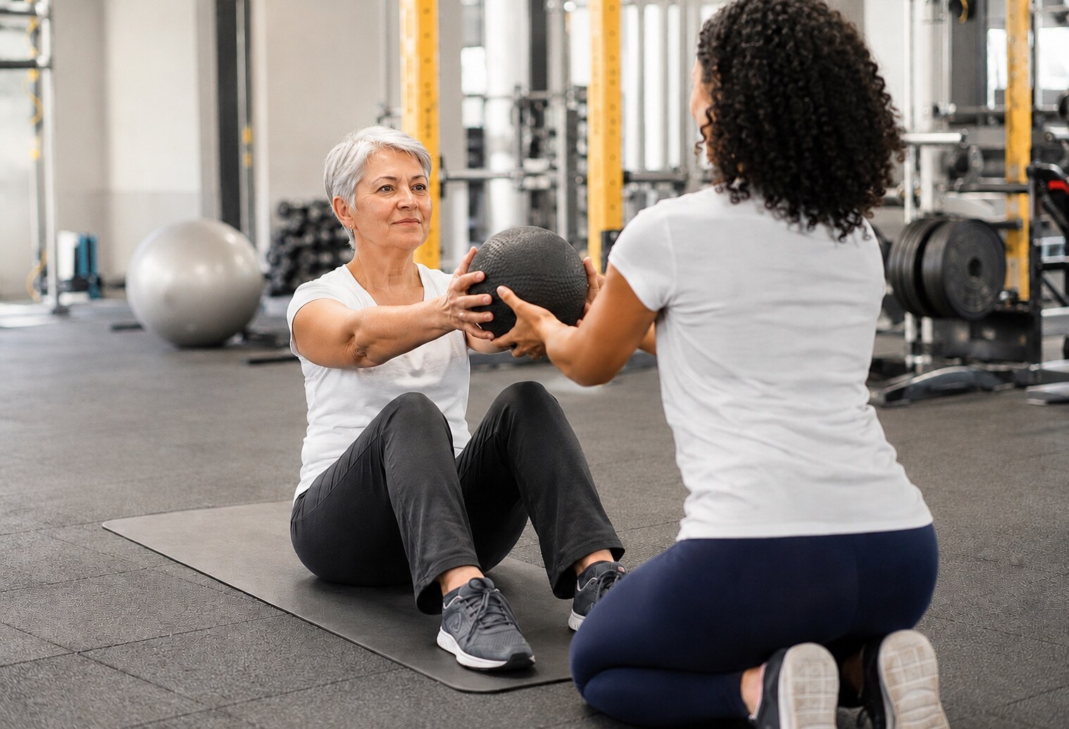 A trainer and an older client seated on exercise mats passing a medicine ball during a one-to-one session.